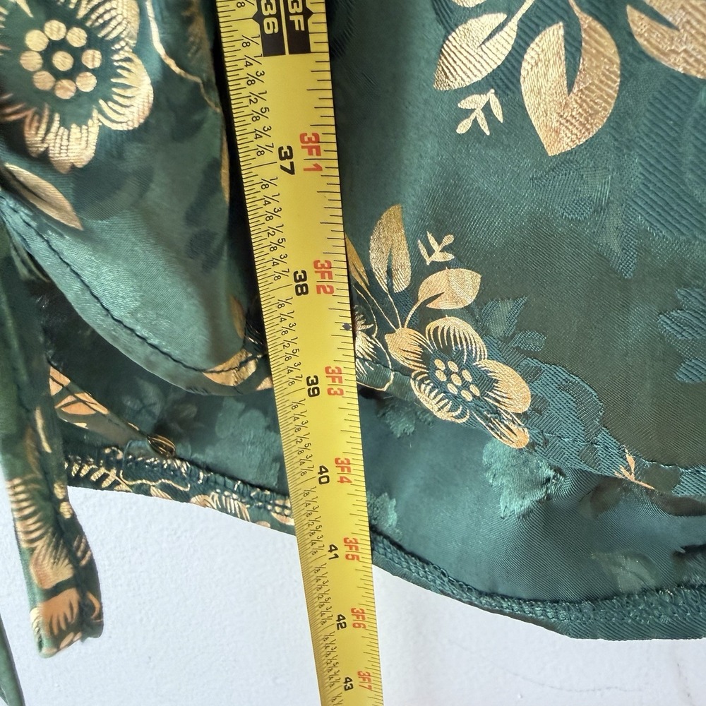 Y2K Green Gold Floral Satin Slip Dress XS Cowl Neck Ruched Fairy Grunge Mini - Picture 8 of 9